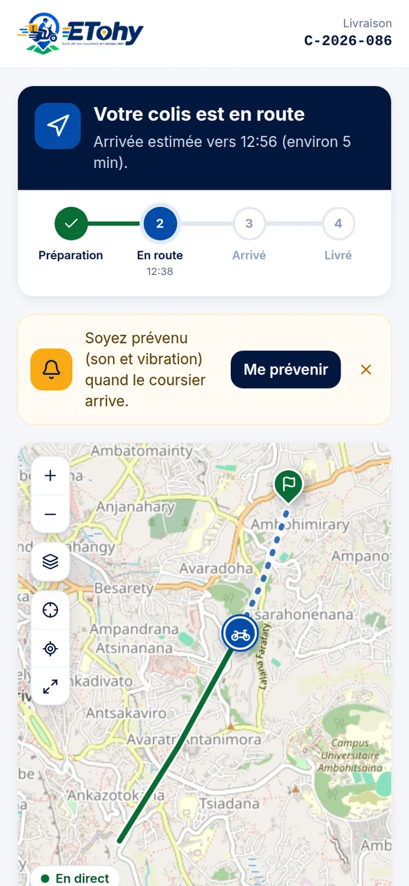Page de suivi client sur téléphone : colis en route, arrivée estimée
